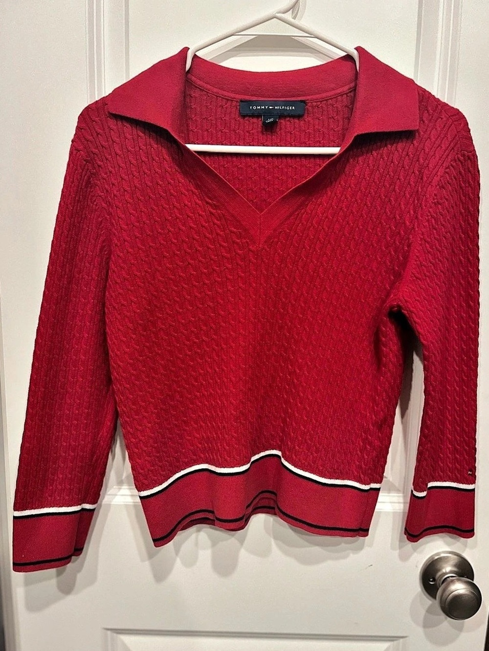 Tommy Hilfiger Red Cable Knit Collared Sweater Like New